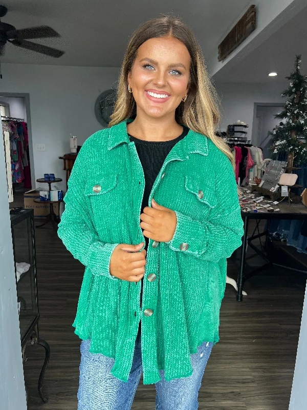 Can't Resist Acid wash waffle shacket- Kelly green
