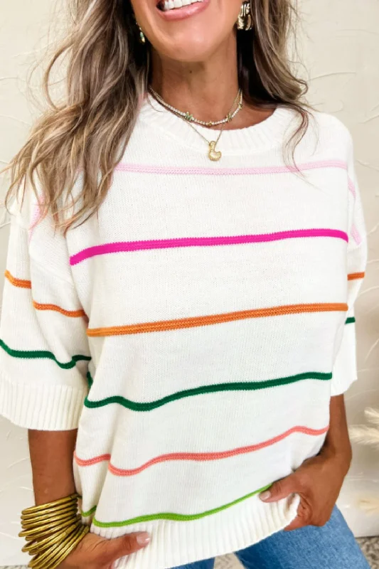 Weekend Specials Just for You Striped Half Sleeve Drop Shoulder Sweater