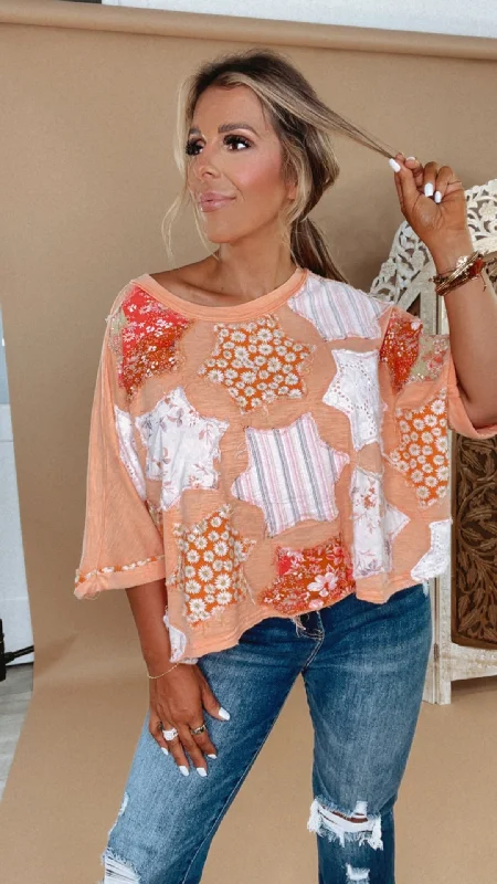Midnight Sale Oli & Hali: Washed Print Patchwork Tee, Orange