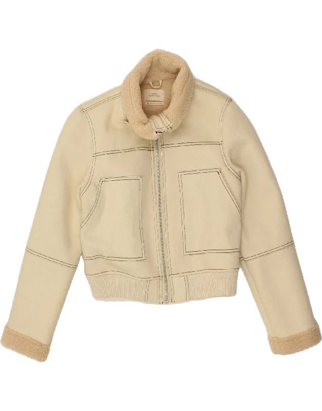 URBAN OUTFITTERS Womens Crop Denim Sherpa Jacket UK 14 Medium Beige Cotton