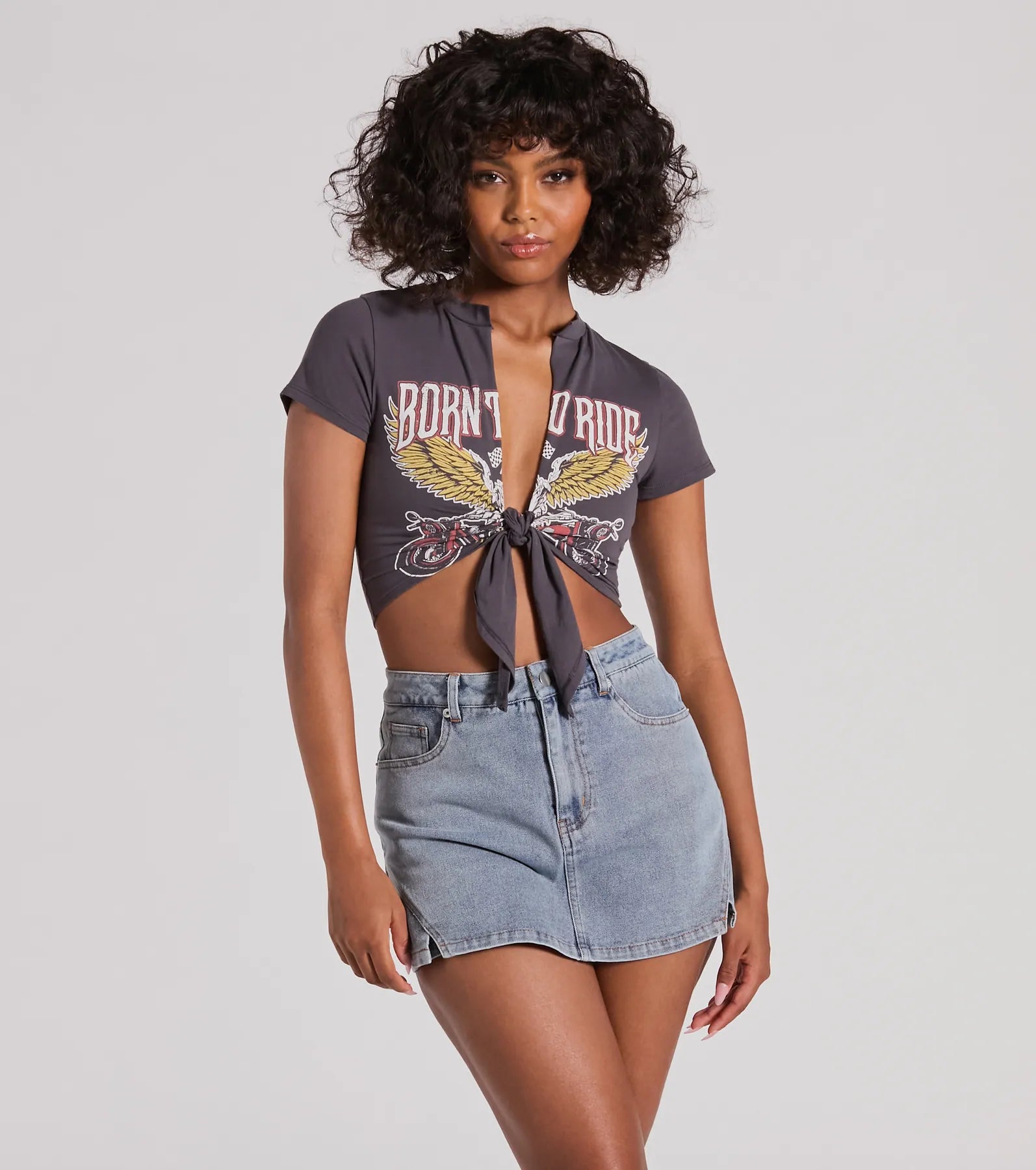 Weekend Discounts Worth Grabbing Born To Ride Short Sleeve Tie Front Graphic Tee