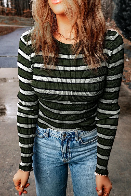 Weekend Savings Spectacle Striped Round Neck Long Sleeve Knit Top