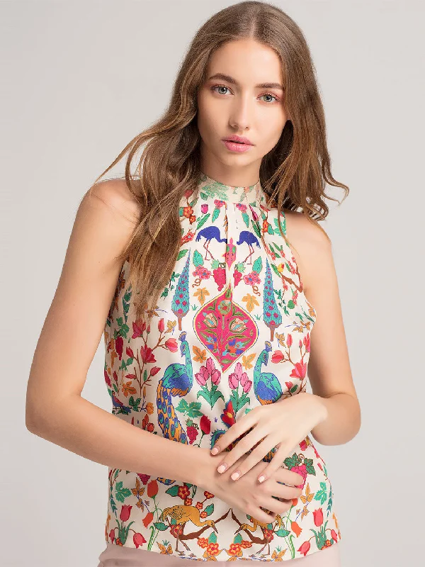Weekend Discounts to Enjoy Cream Peacock Halter Top