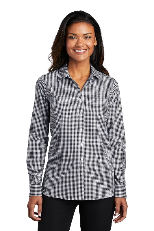 Closeout Deal Port Authority Womens Broadcloth Gingham Wrinkle Resistant Long Sleeve Button Down Shirt - Black/White - Closeout