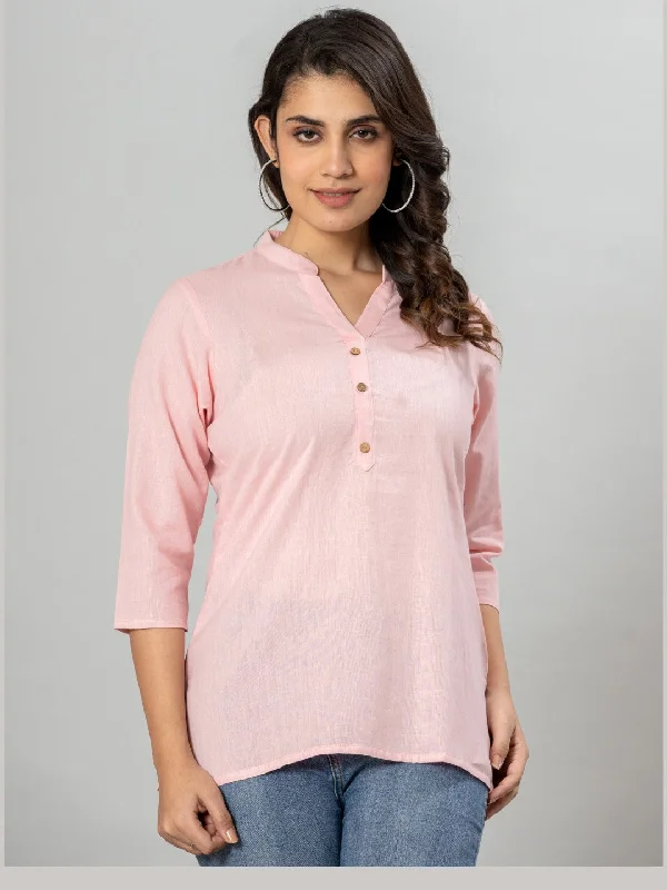 Special Discount Solid Cotton Flax Women Top - Light Pink