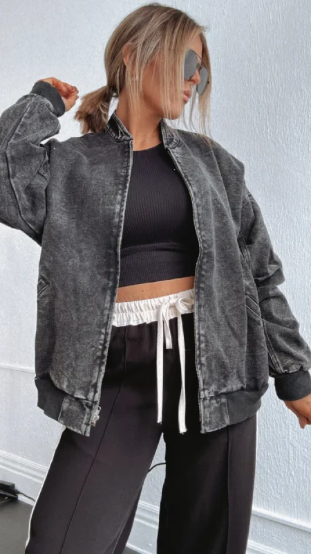 Weekend Offers That Impress Darker Days Black Denim Bomber Jacket