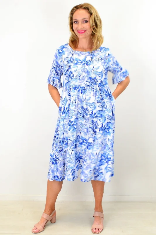 Year-End Deals Churchill Blue Tropical Tiered Tunic Dress
