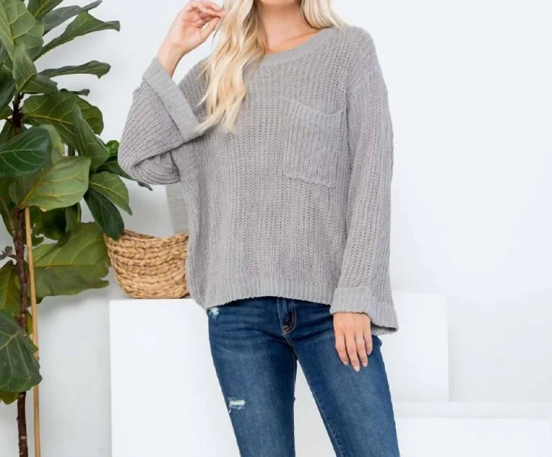 Take Advantage Breezy Days Sweater With Pocket And Cuffed Bell Sleeves In Grey
