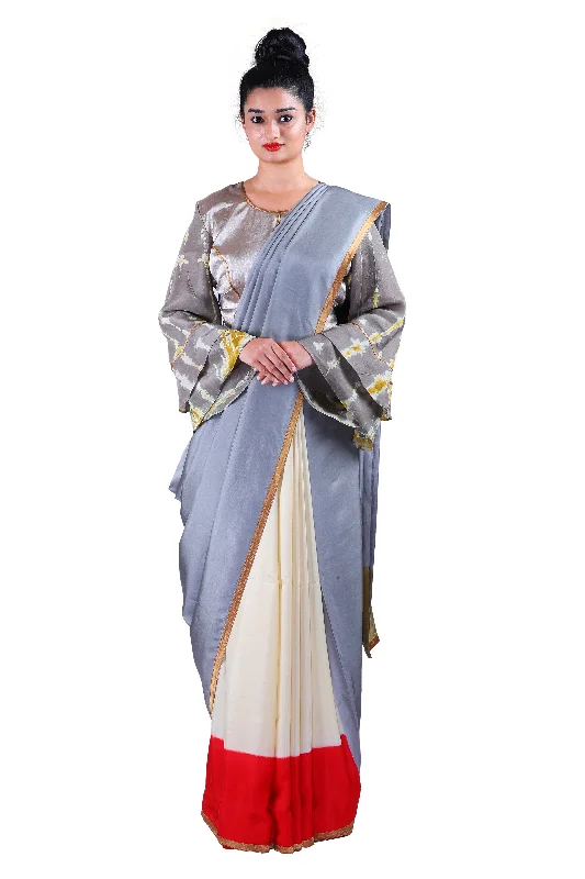 Off-white & grey silk Saree