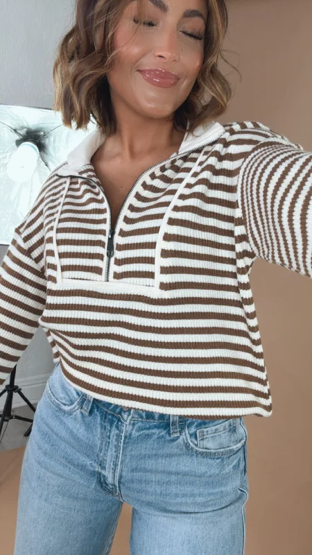 Weekend Savings Sensation Live In Quarter Zip Striped Top, Brown
