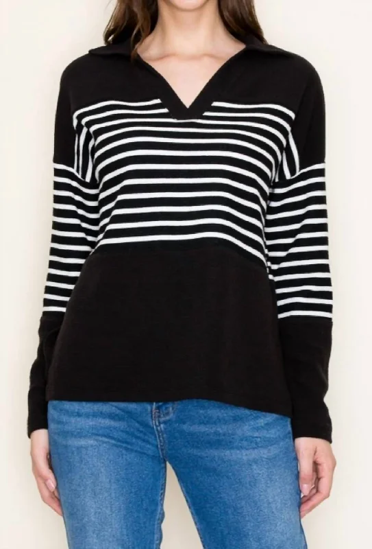 Year-End Clearance Striped Collared Sweater In Black