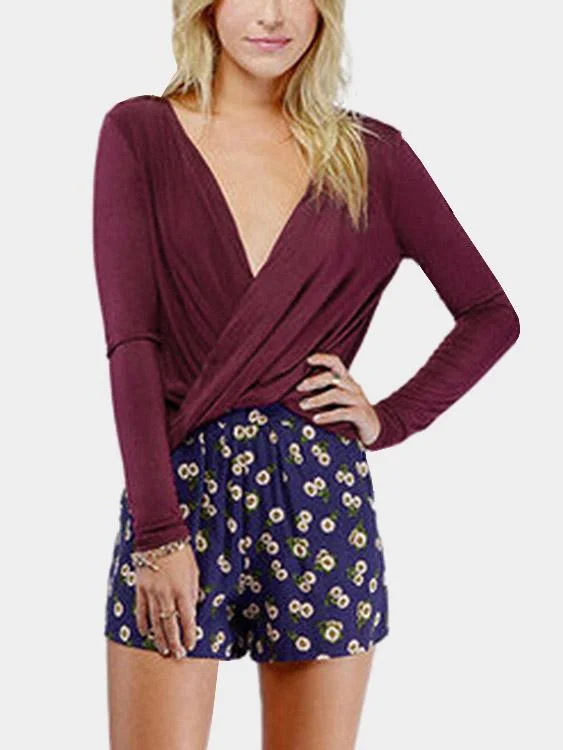 Deal of the Day Custom V-Neck Crossed Front Long Sleeve Curved Hem Burgundy Top