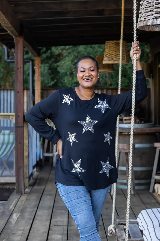 Make Your Weekend Count with Savings Harriet Star Sequin Knit Top in Black