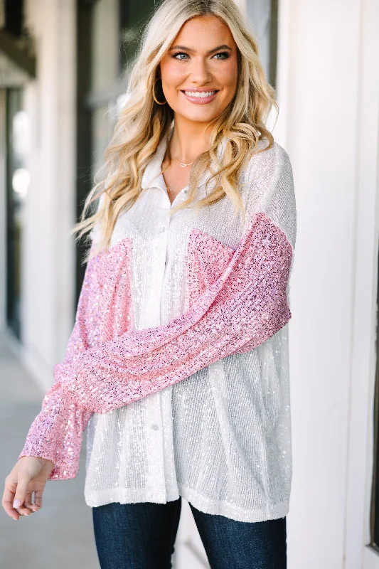 Let's Hit Broadway Pink Colorblock Sequin Blouse