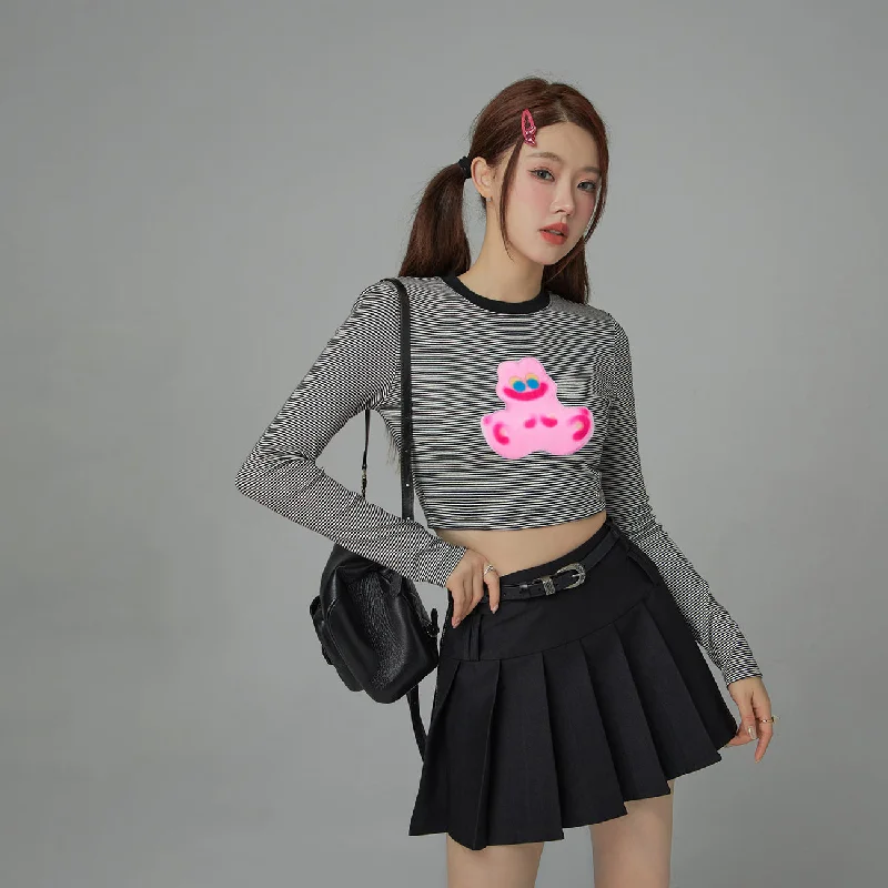 Steal Deal Funny Rabbit Stripes Long-Sleeved Crop Top