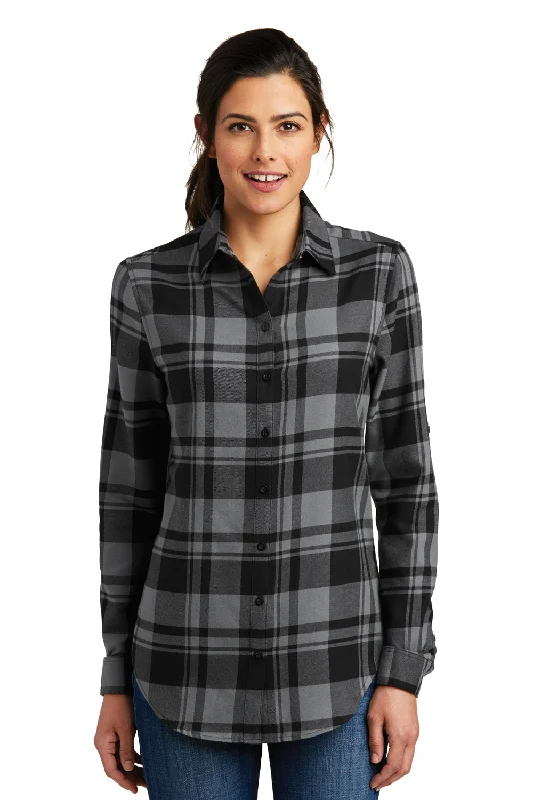 New Deal Port Authority Womens Flannel Long Sleeve Button Down Shirt - Grey/Black