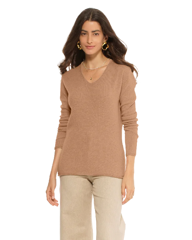 Women's Ultra-Light Cashmere V-Neck Sweater Camel by Monticelli Cashmere