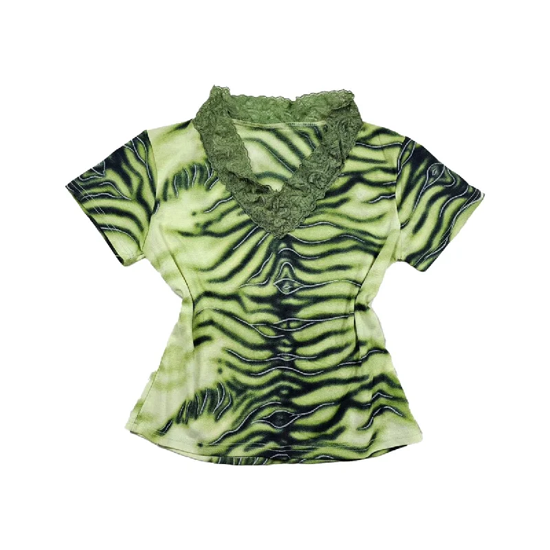 Can't Resist Lace Trim V-neck Zebra Print Top