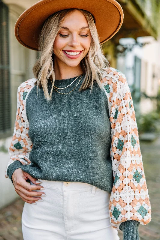 Weekend Discounts to Relish Give You The Best Forest Green Crochet Sleeve Sweater