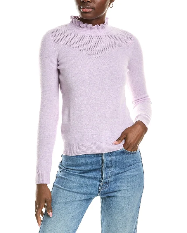Stock Up sofiacashmere Ruffle Mock Neck Mesh Stitch Cashmere Sweater