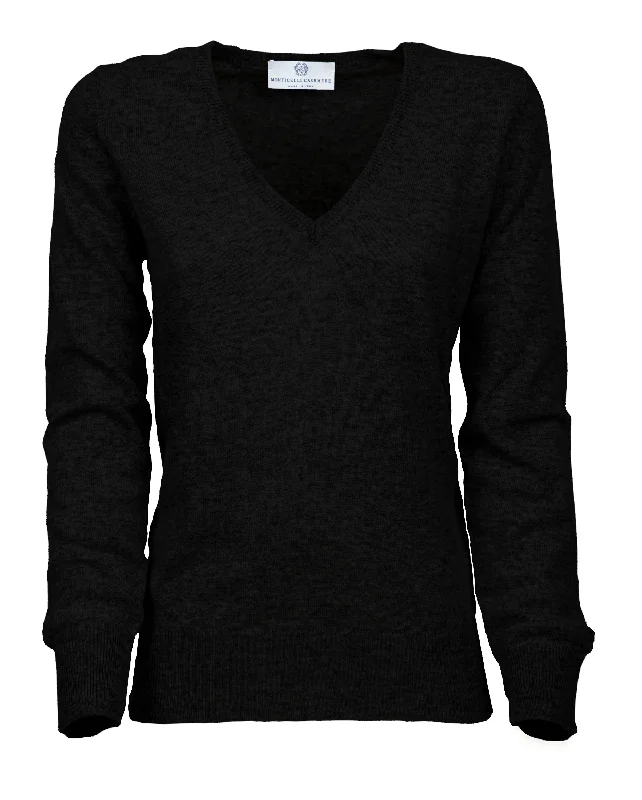 NEW FALL 24 - Women's Pure Cashmere V-Neck Sweater Black by Monticelli Cashmere