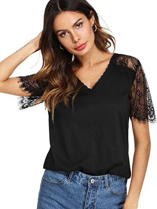 Women's Casual V Neck Lace Short Sleeve Basic Tee Tops