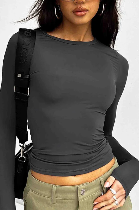 Solid Long Sleeve Crew Neck Top