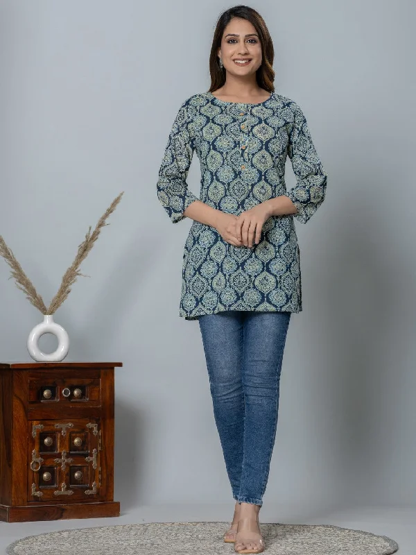 Crazy Deal Pure Cotton Ethnic Printed Top - Blue