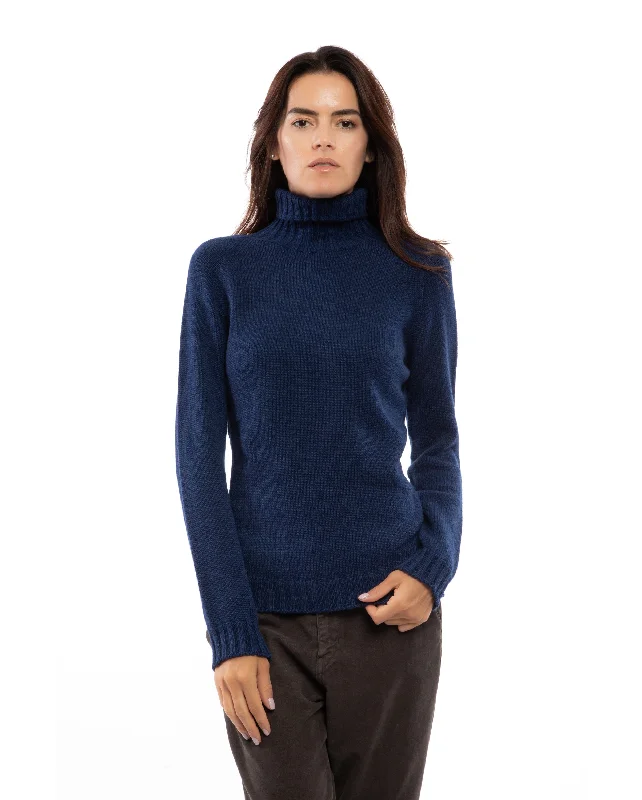 NEW FALL 24 - Women's Cashmere Raglan Sleeve Turtleneck Sweater Melange Blue by Monticelli Cashmere