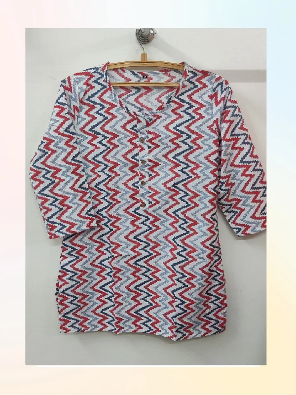 One-Day Only Cotton Printed Hip Length Top - Grey Chevron