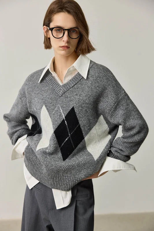 LILY Wool-Blend Grey Plaid Sweater