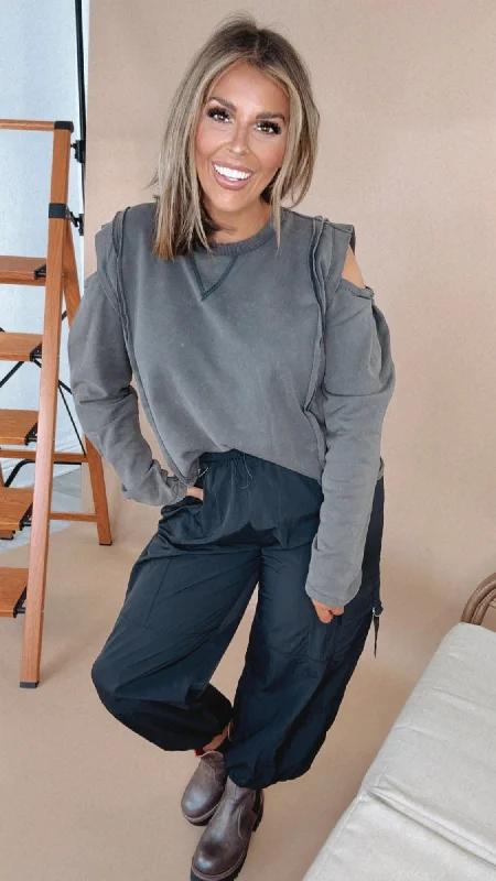 Crazy Savings Mineral Washed Cold Shoulder Top, Charcoal