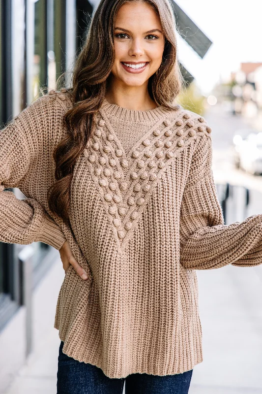 Weekend Bargains Just for You Get Involved Taupe Brown Pompom Sweater