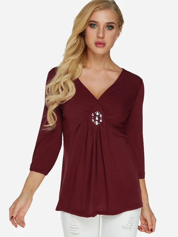 Savings Event OEM ODM V-Neck Pleated Sequins Embellished 3/4 Sleeve Burgundy T-Shirts