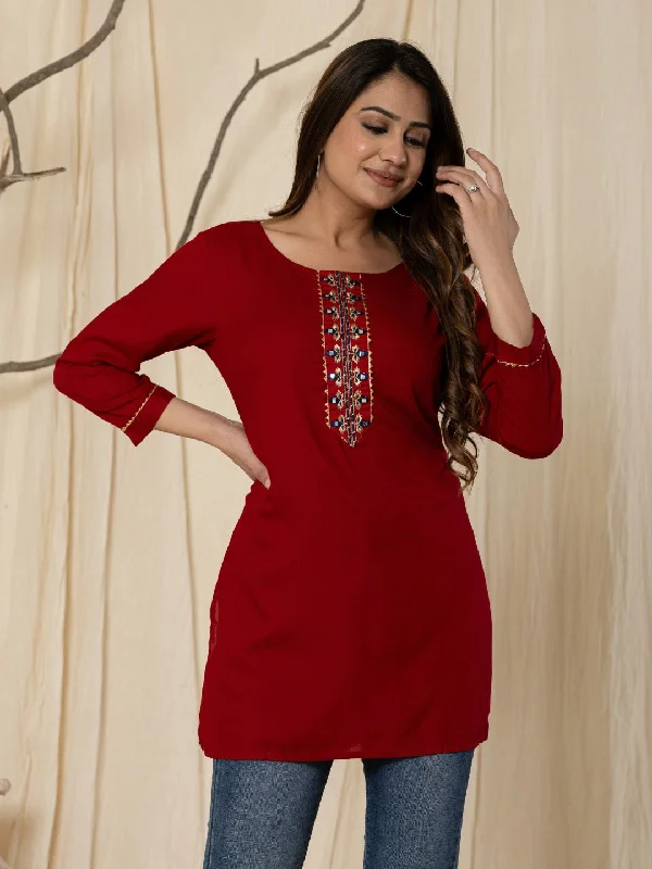 Weekend Specials Just for You Solid Embroidered Placket Top - Maroon