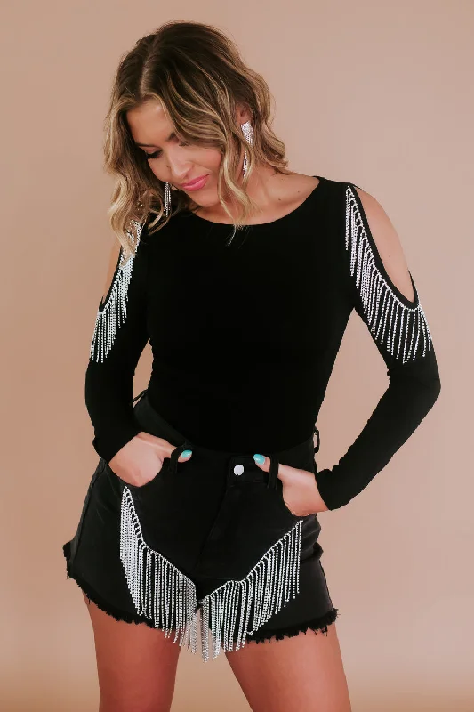 Main Event Rhinestone Sleeve Bodysuit, Black