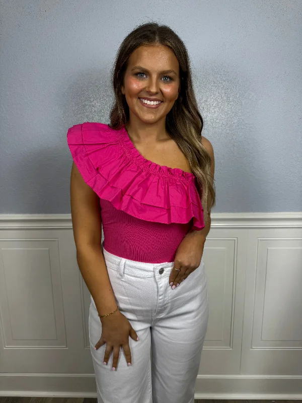 Weekend Deals to Make You Smile Fuchsia ruffled one shoulder bodysuit