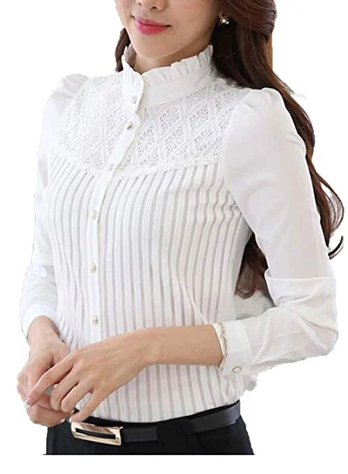 Women Hollow Out Back Zipper Lace Long Sleeve Elegant Blouse