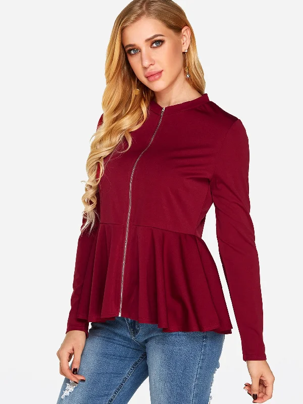 Weekend Savings Bonanza OEM ODM Zip Back Long Sleeve Burgundy T-Shirts
