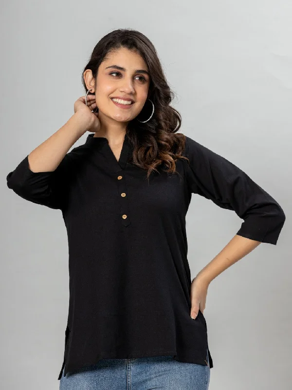 Extra Savings Solid Cotton Flax Women Top - Black