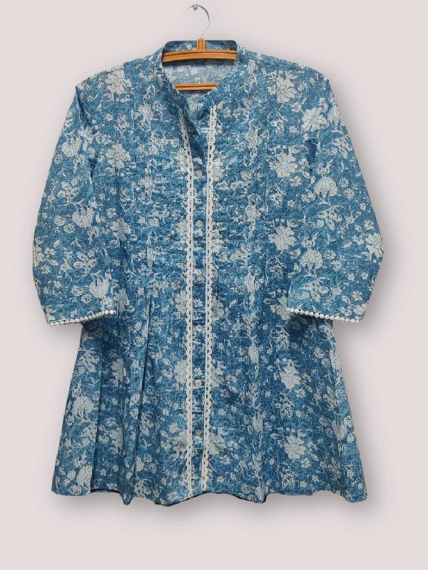 Hurry Up Cotton Printed Pleted Top with Lace detail - Blue
