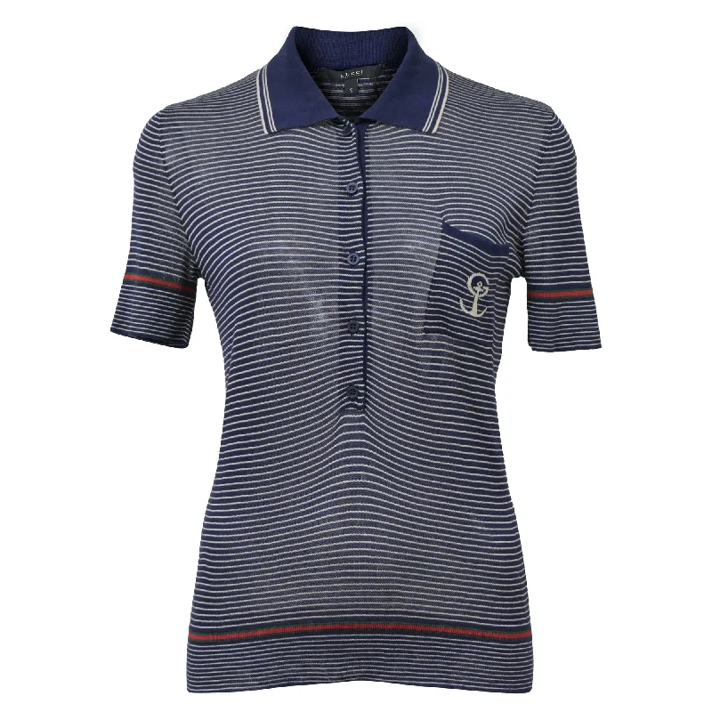 Weekend Specials to Snag Gucci Striped Knit Polo Shirt in Navy Blue Silk