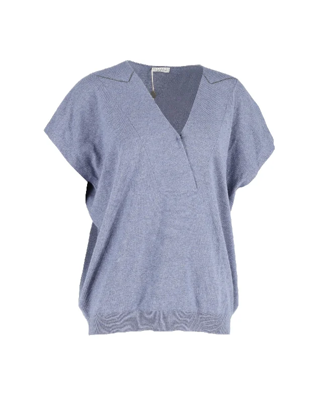 Weekend Savings Sensation Brunello Cucinelli V-Neck Monili-Trim Sweater in Blue Wool