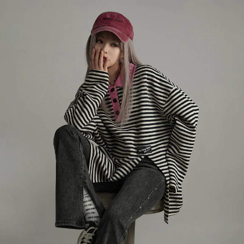 Early Bird Colored Collar Strip Side Slit Long-Sleeves Top