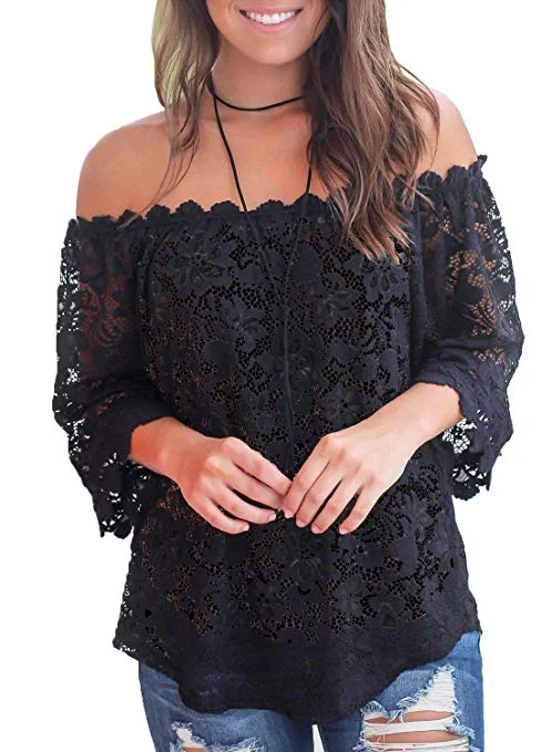 Women's Lace Off Shoulder Tops Casual Loose Blouse Shirts