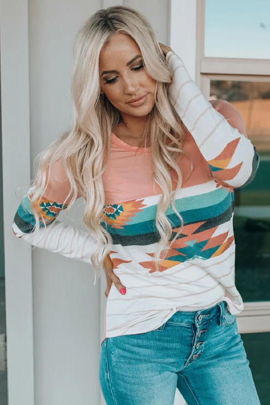 Weekend Bargains to Relish Geometric Round Neck Long Sleeve T-Shirt