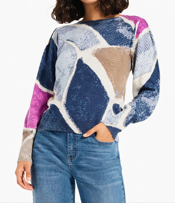 Midnight Madness Printed Tiles Femme Sleeve Sweater In Blue Multi