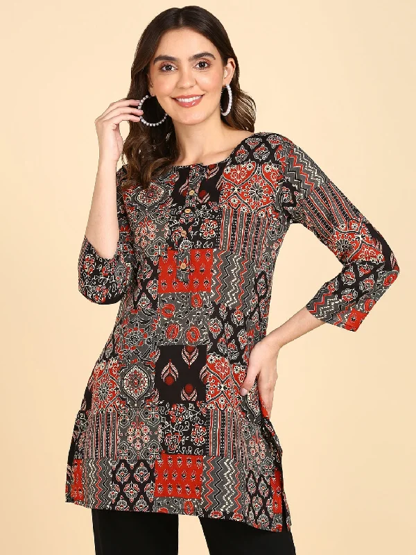 Sale Event Pure Cotton Patch Printed Top - Black-Beige