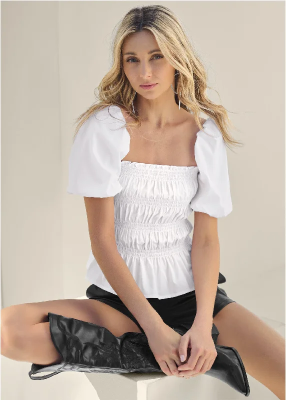 Smocked Puff Sleeve Top - White