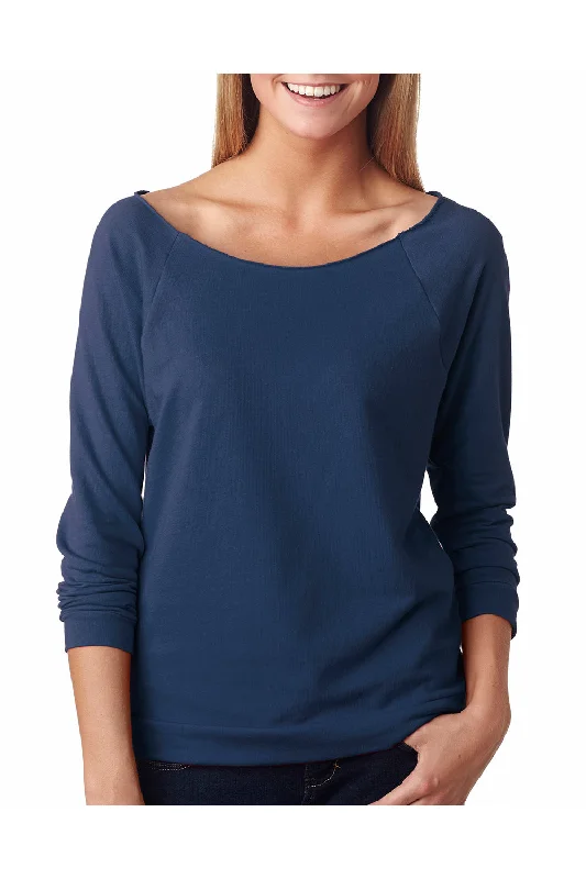 Steal Deal Next Level Womens French Terry 3/4 Sleeve Wide Neck T-Shirt - Indigo Blue - Closeout